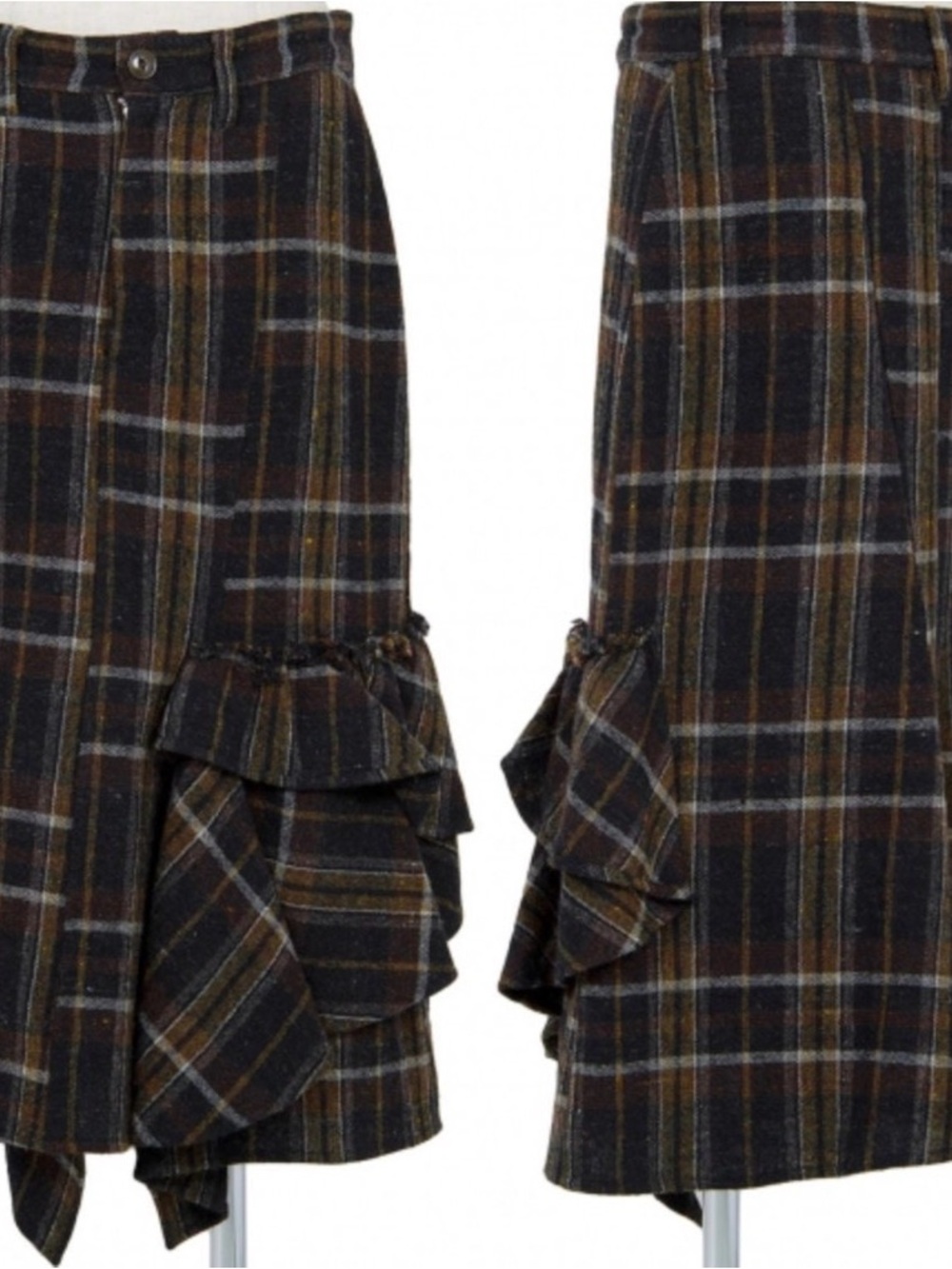 Y's by Yohji Yamamoto Brown and Black Plaid Ruffle Midi Skirt Pants